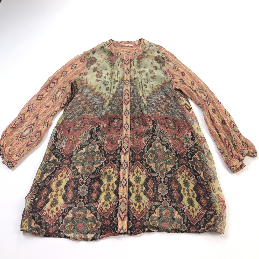 Soft Surroundings XS 100% Viscose Sheer Button Long Sleeve Shirt All Over Print